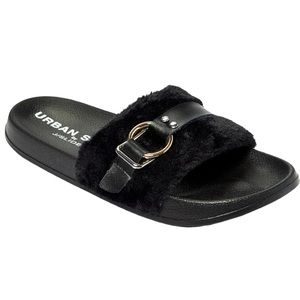 J/Slides black buckle up slide on sandals size 8 spring summer comfy house shoes